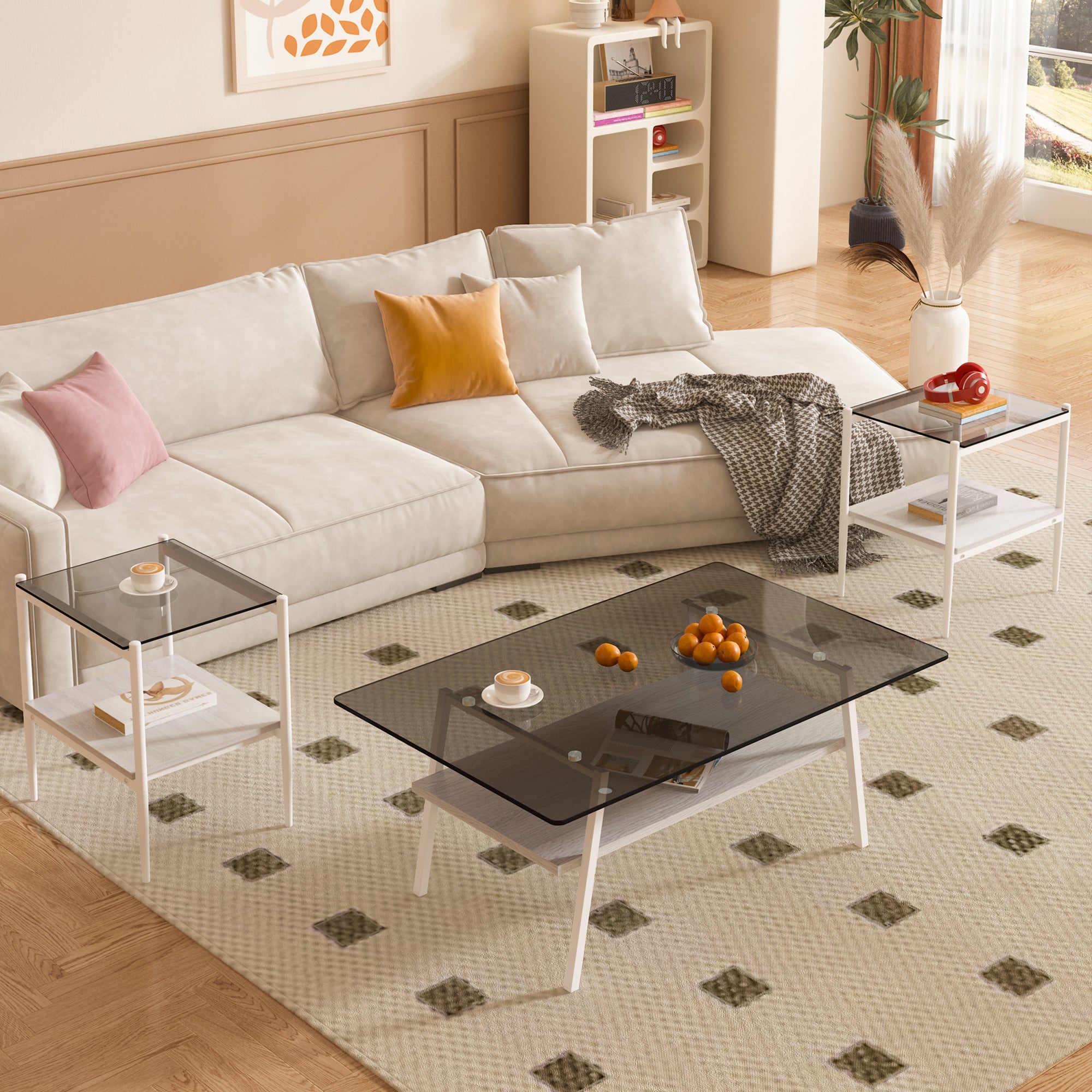 Pefelife Coffee Table Set and End Tables Set with Tempered Glass Tabletop and Metal Frame