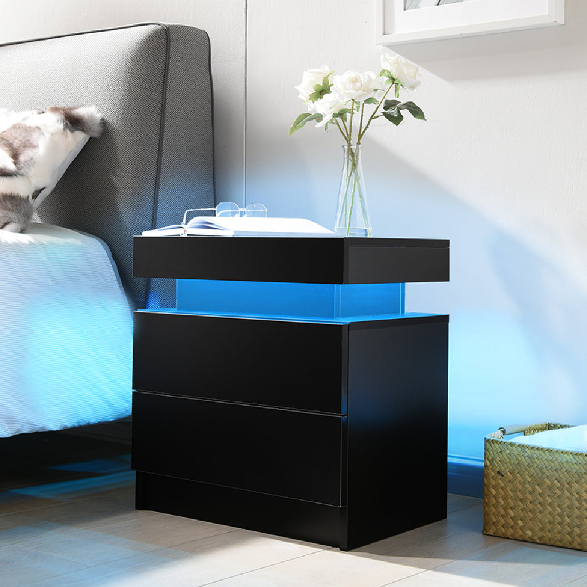 Pefelife Nightstand LED Bedside Table Cabinet Lights Modern