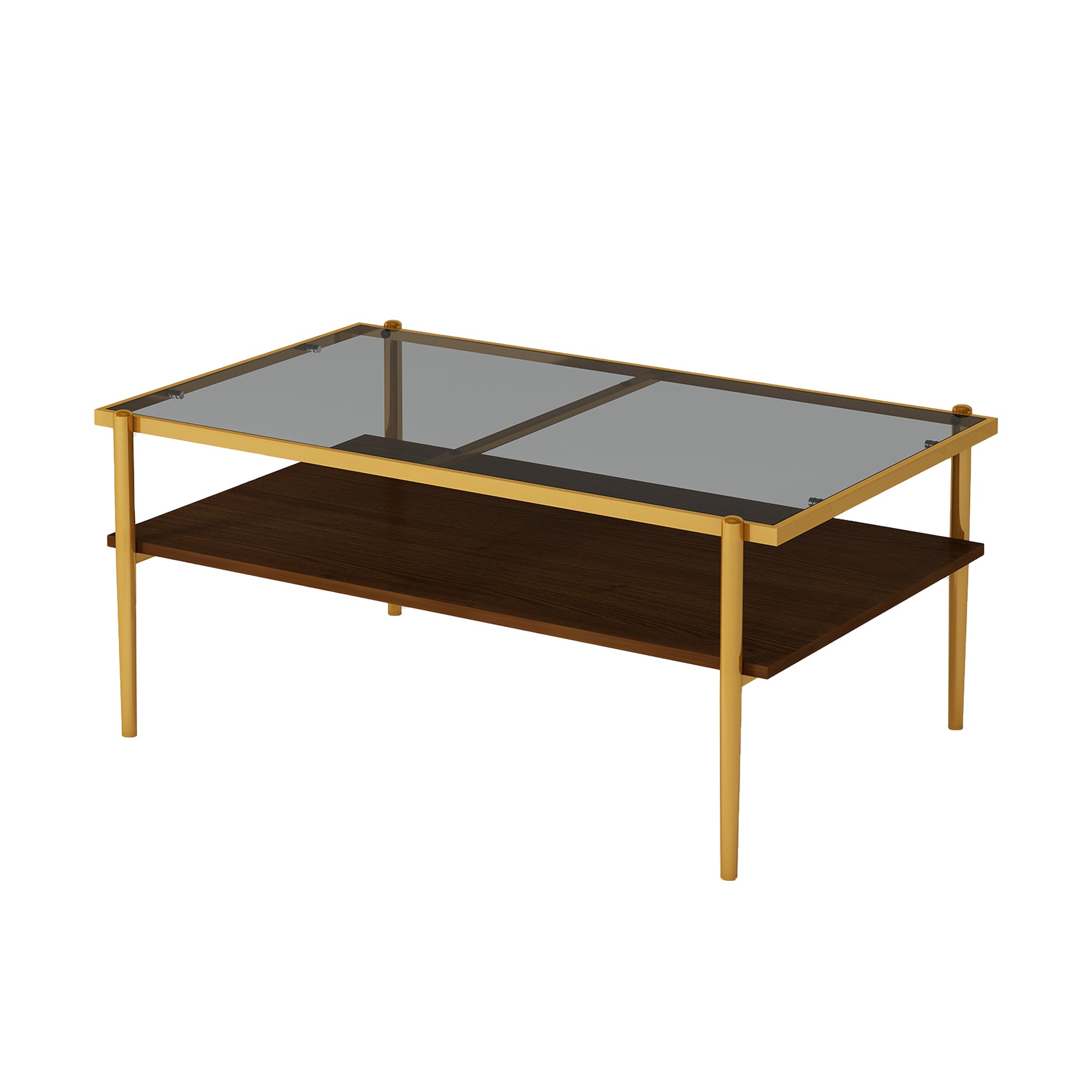 Pefelife Rectangular Tempered Glass Coffee Table with Double-Layer Storage Shelf