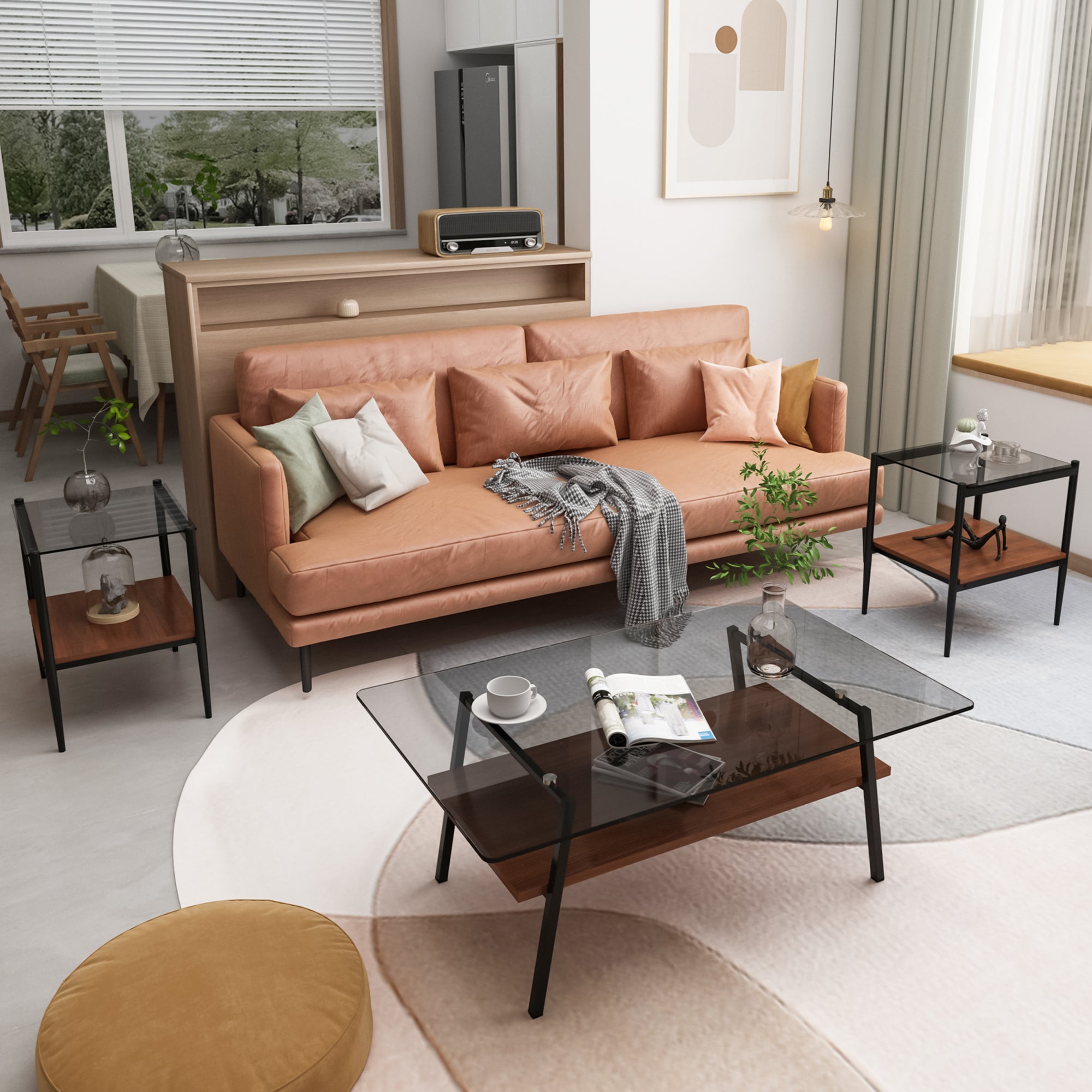 Pefelife Coffee Table Set and End Tables Set with Tempered Glass Tabletop and Metal Frame