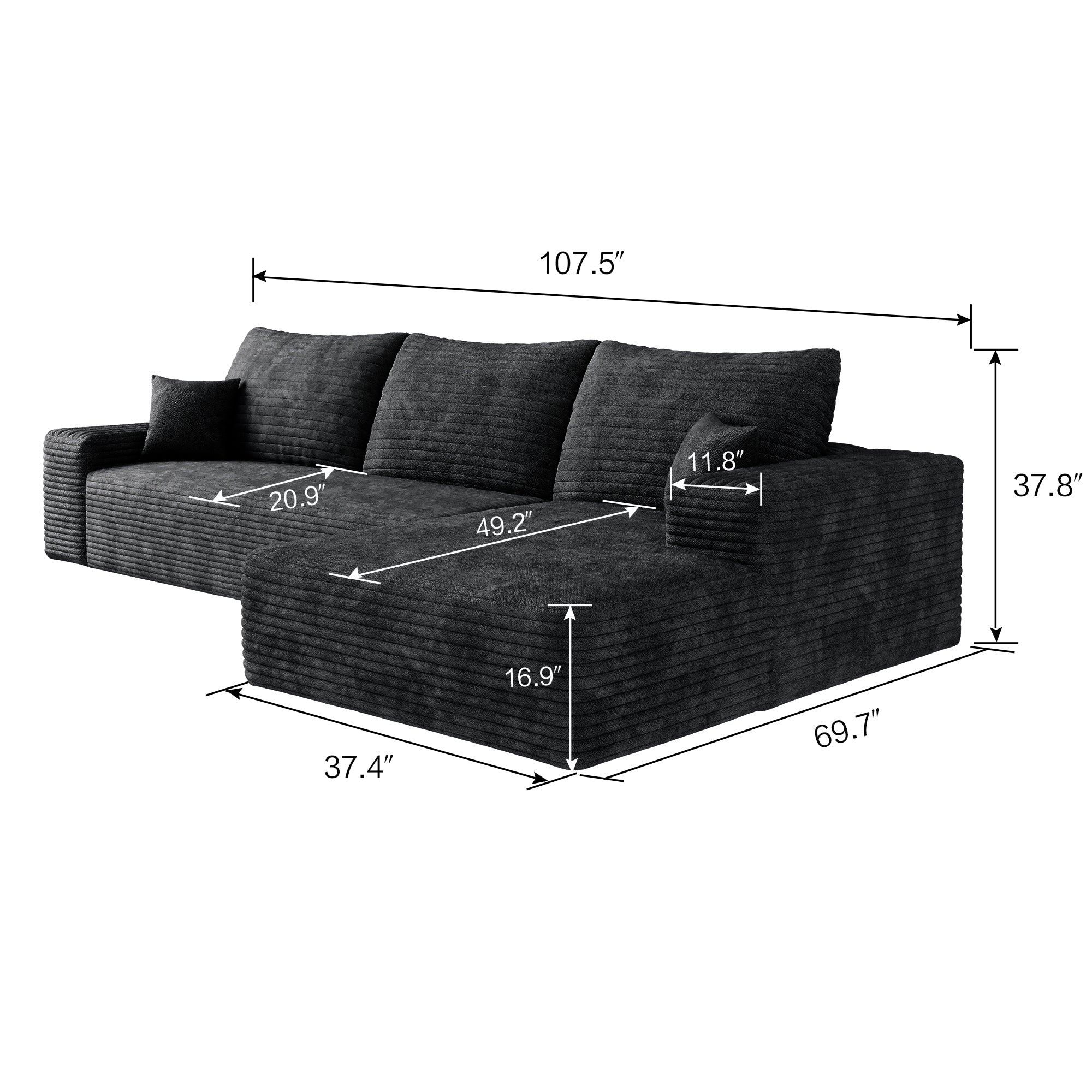 Pefelife 107in L-Shape Deep Seat Couch with Chaise, Right Facing Chaise