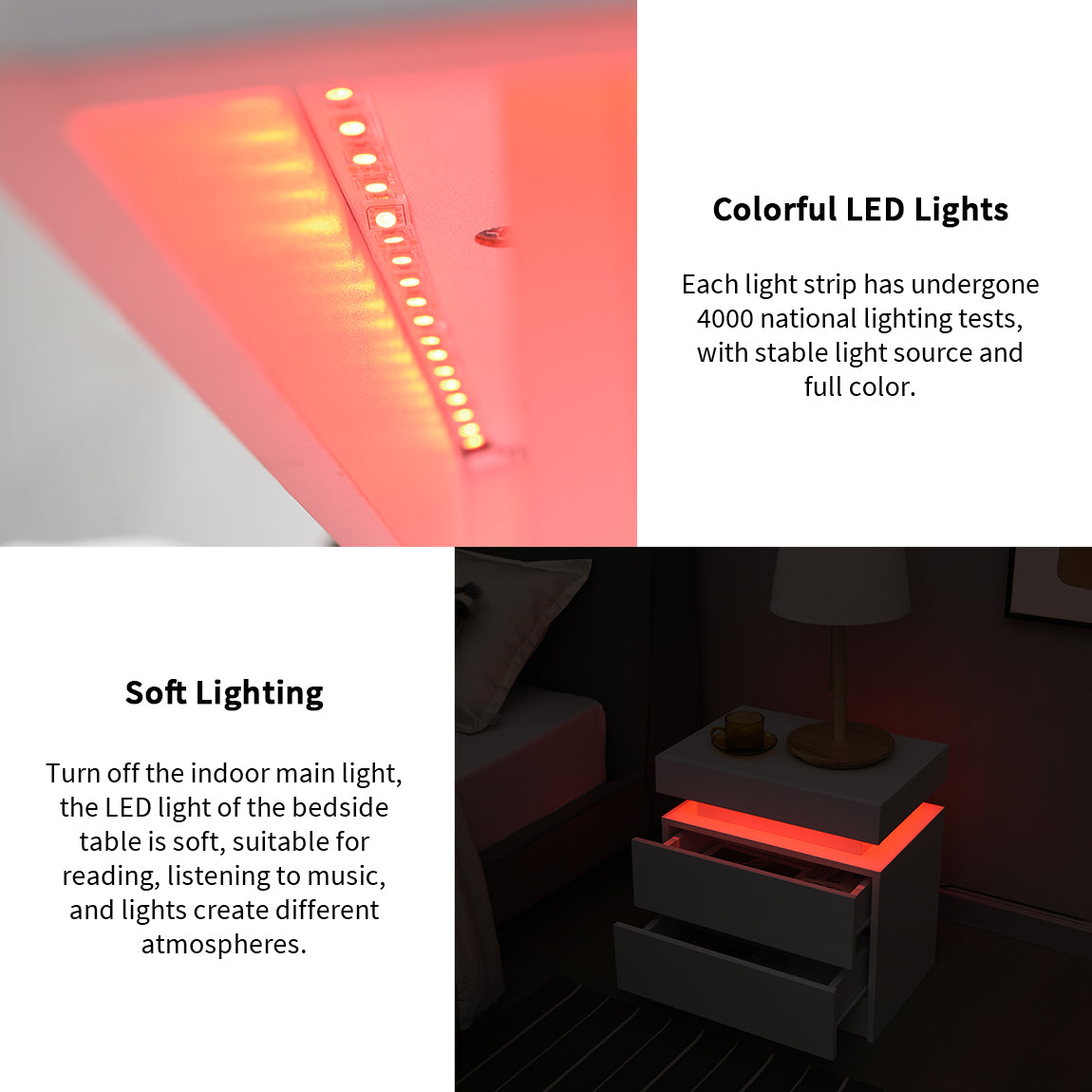 Pefelife Nightstand LED Bedside Table Cabinet Lights Modern