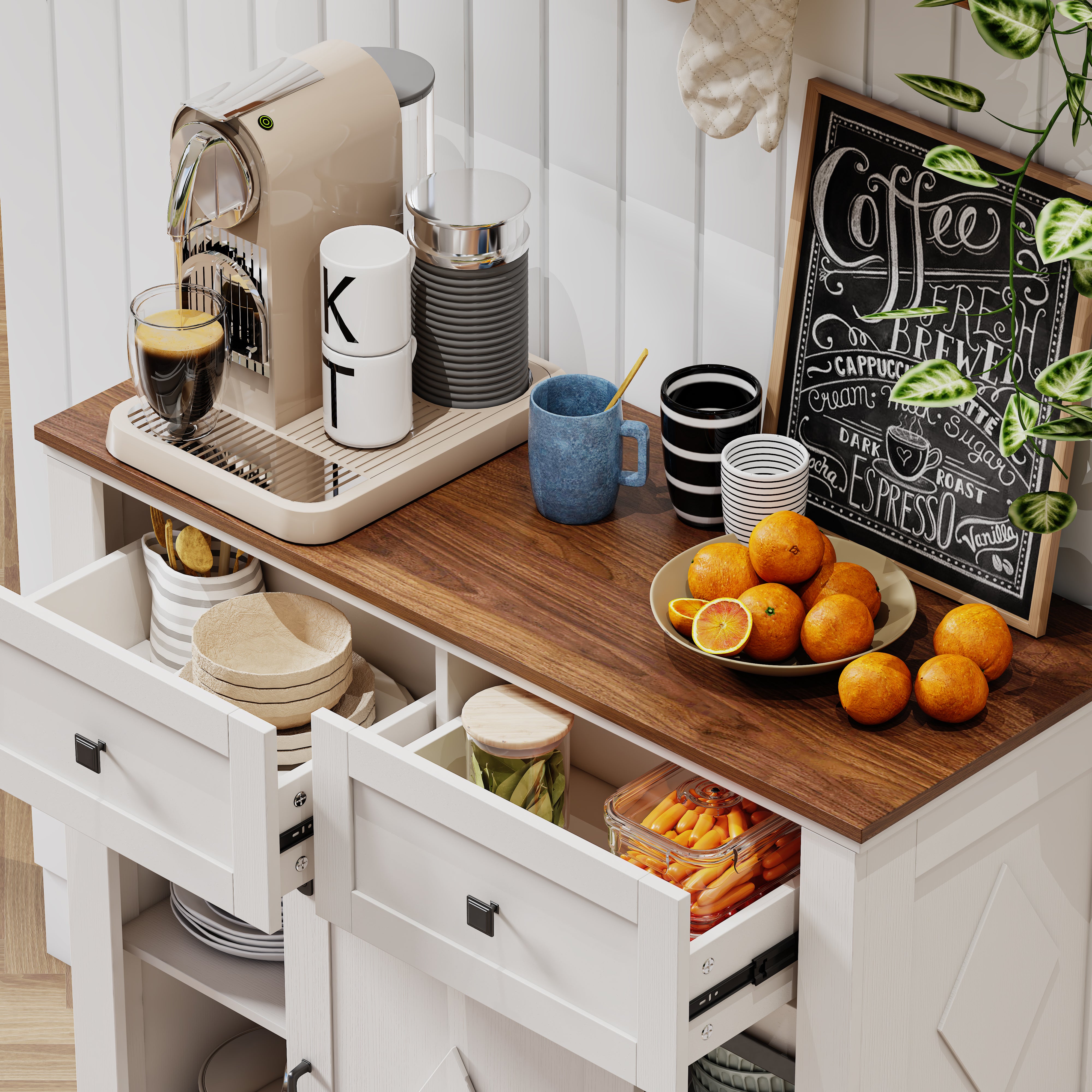 Pefelife Farmhouse Coffee Bar, Wood Accent Floor Cupboard Cabinet Antique White