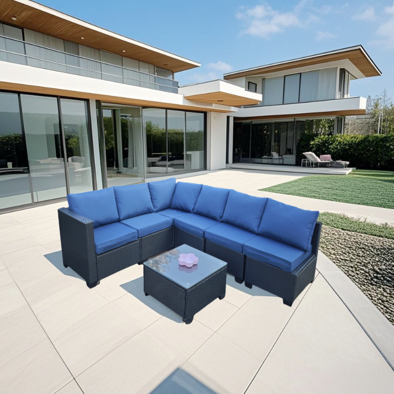 Pefelife 7PCS Patio Rattan Furniture Set Sofa Coffee Table Ottoman Navy