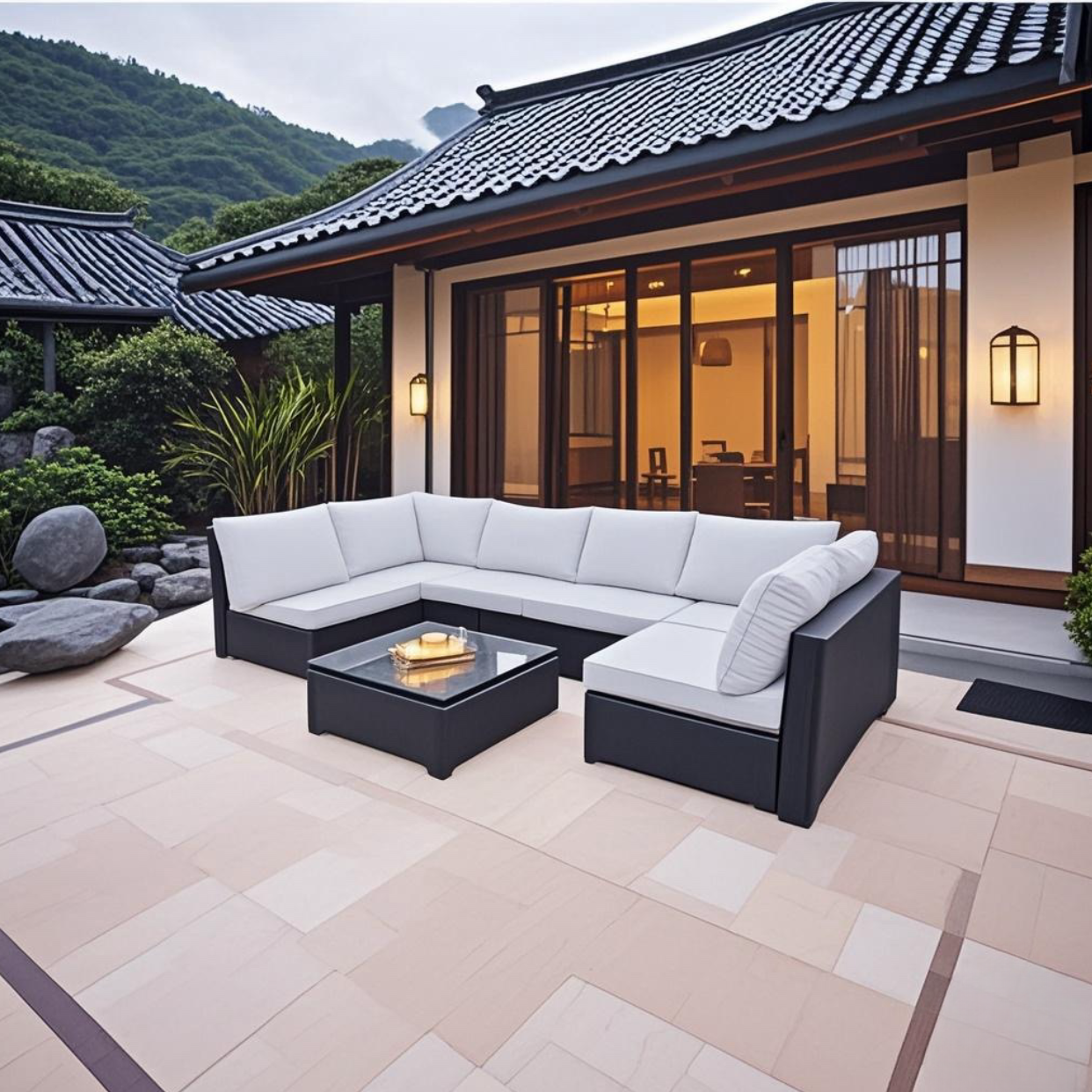 Pefelife 7PCS Patio Rattan Furniture Set Sofa Coffee Table Ottoman Navy
