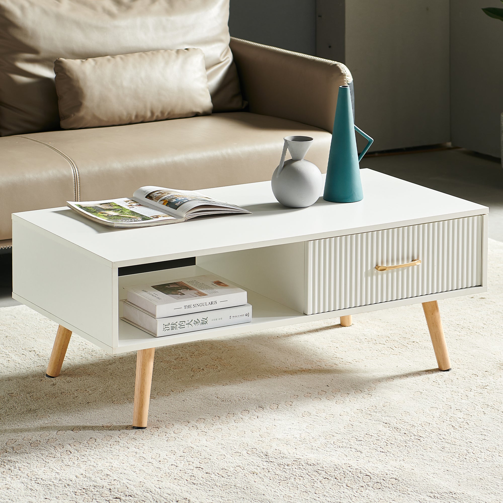 Pefelife Coffee Table with Storage and Sliding Rattan Door Panel, White Tabletop