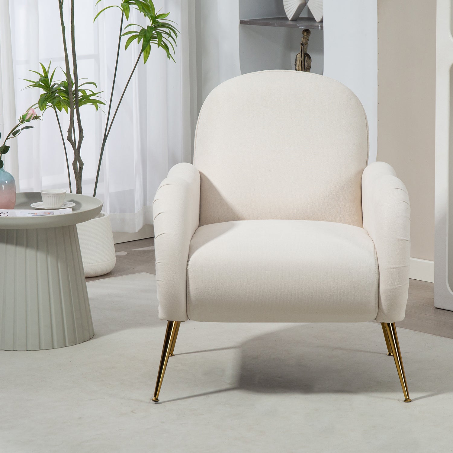 Pefelife Accent Upholstered Single Chair White Sherpa Armchair with Golden Legs