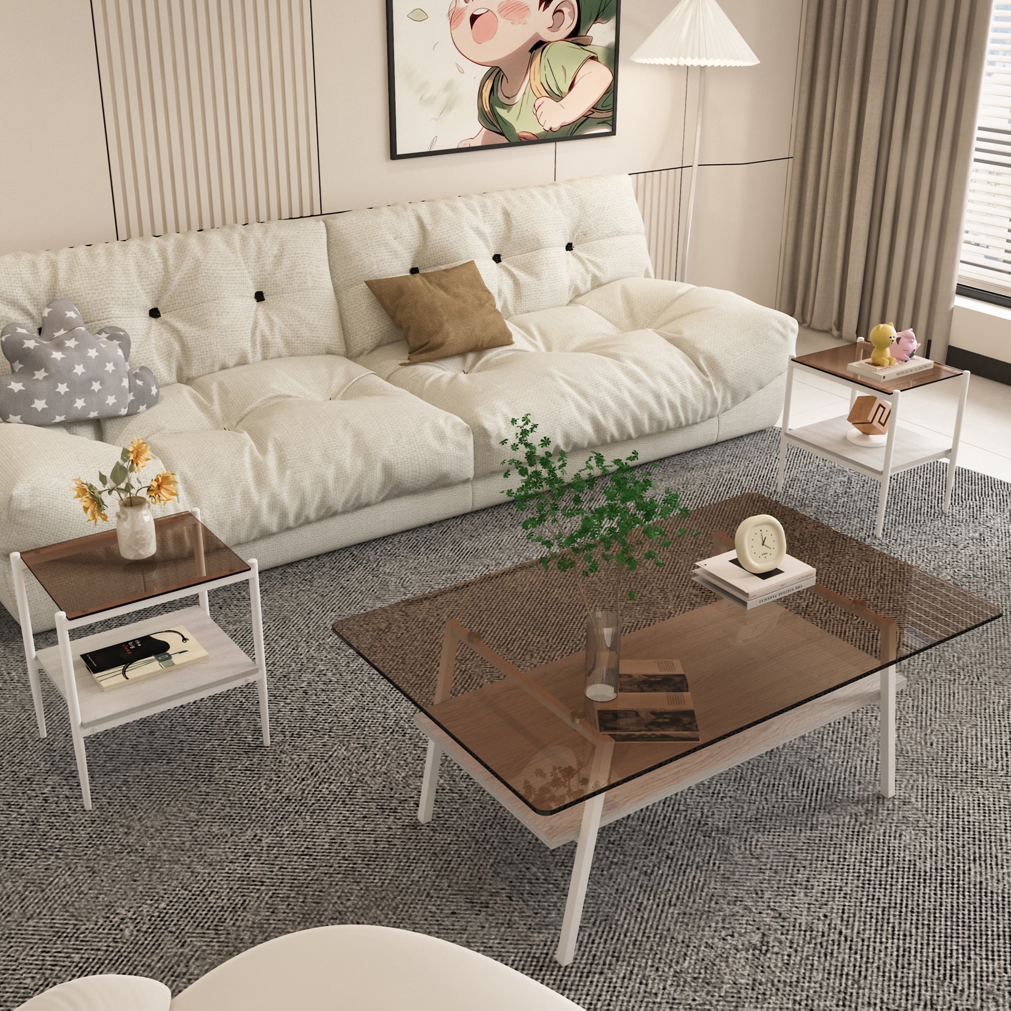 Pefelife Coffee Table Set and End Tables Set with Tempered Glass Tabletop and Metal Frame