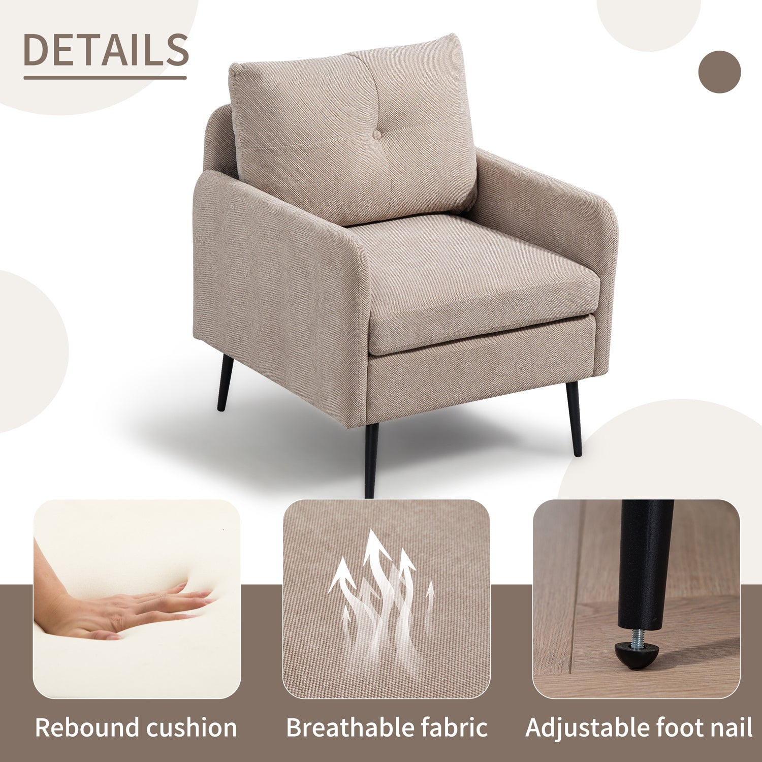 Pefelife Comfy Chenille Club Fabric Armchair with Metal Black Legs