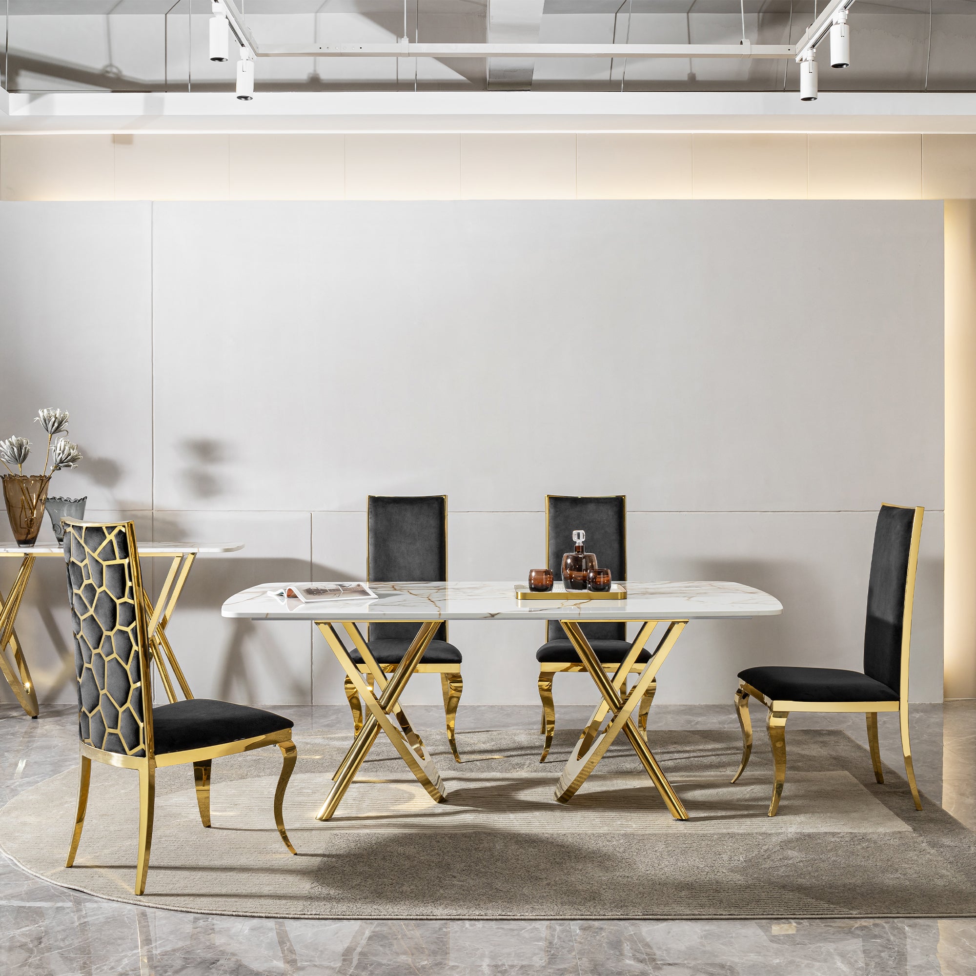 Pefelife Rectangular Marble Dining Table, 6-8 Seater, Gold Stainless Steel Legs