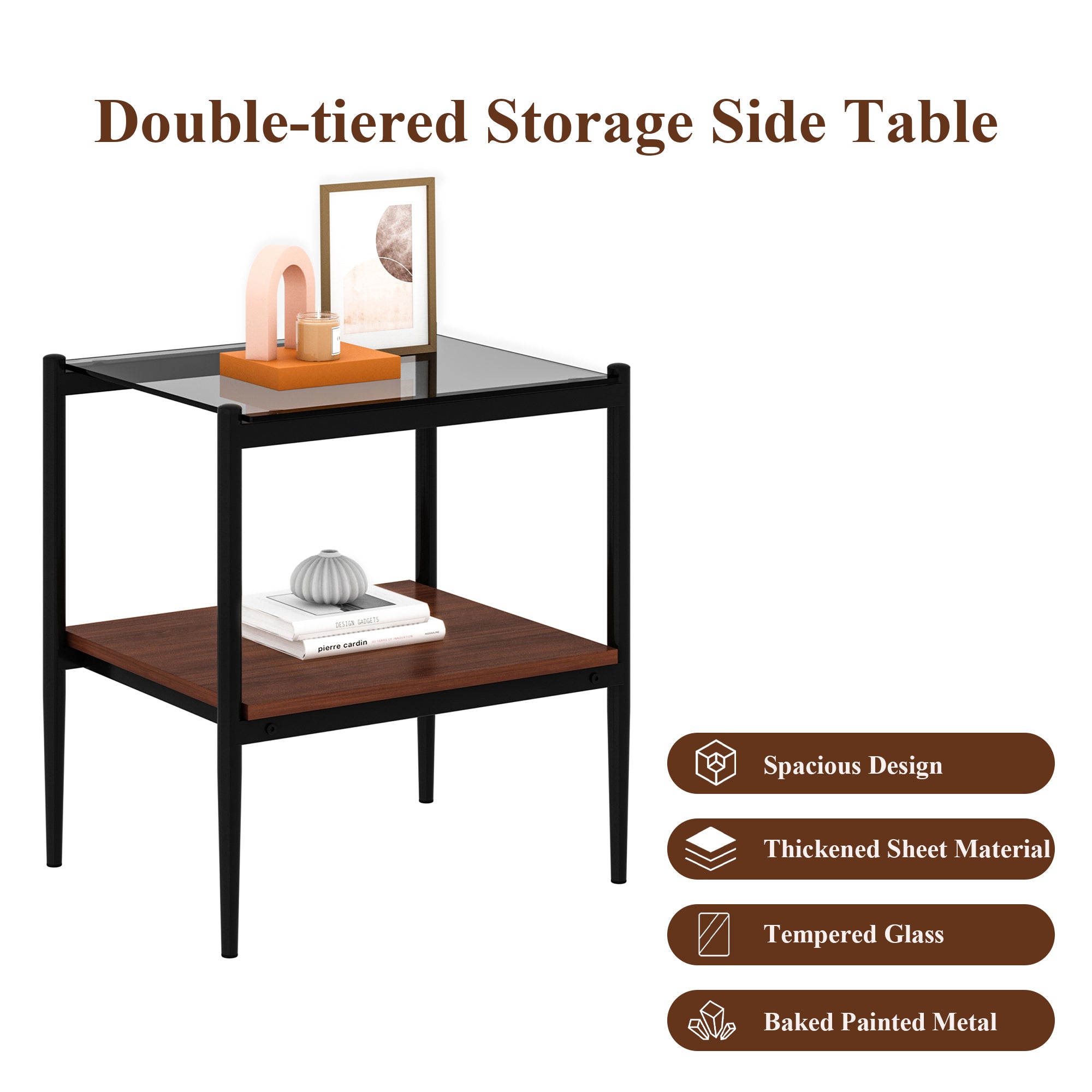 Pefelife Tempered Glass End Table Set of 2 with Wooden Storage Shelf