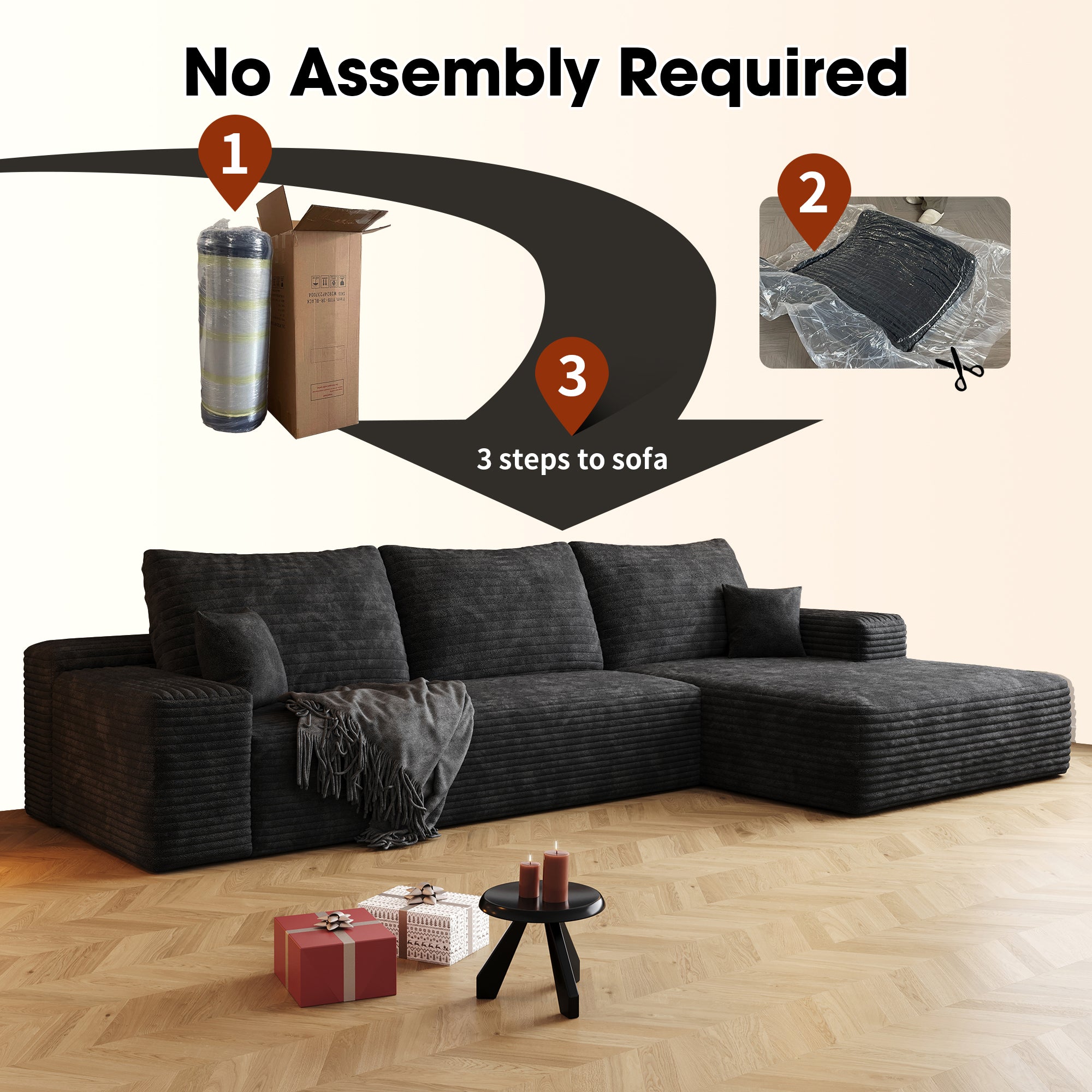 Pefelife 107in L-Shape Deep Seat Couch with Chaise, Right Facing Chaise