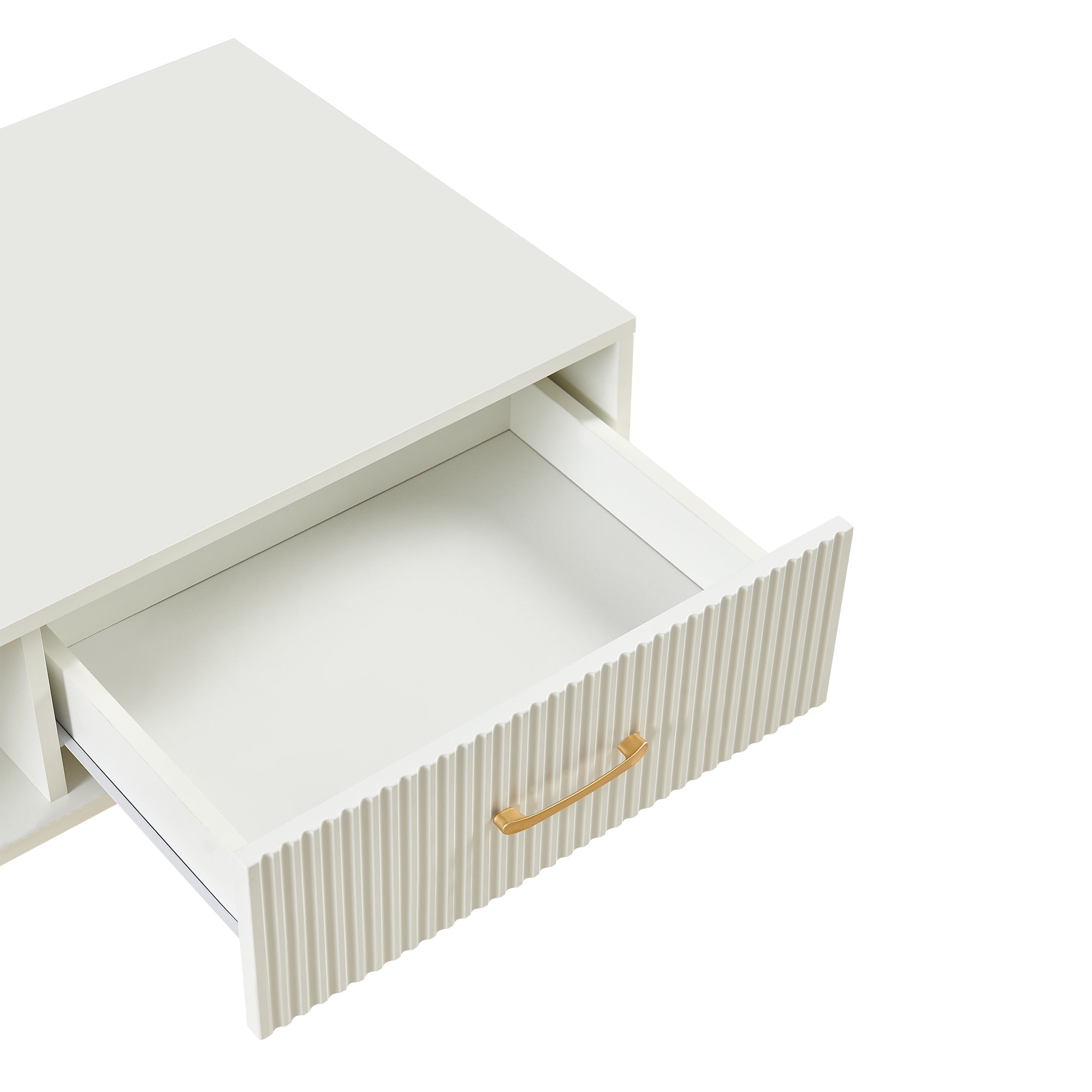 Pefelife Coffee Table with Storage and Sliding Rattan Door Panel, White Tabletop