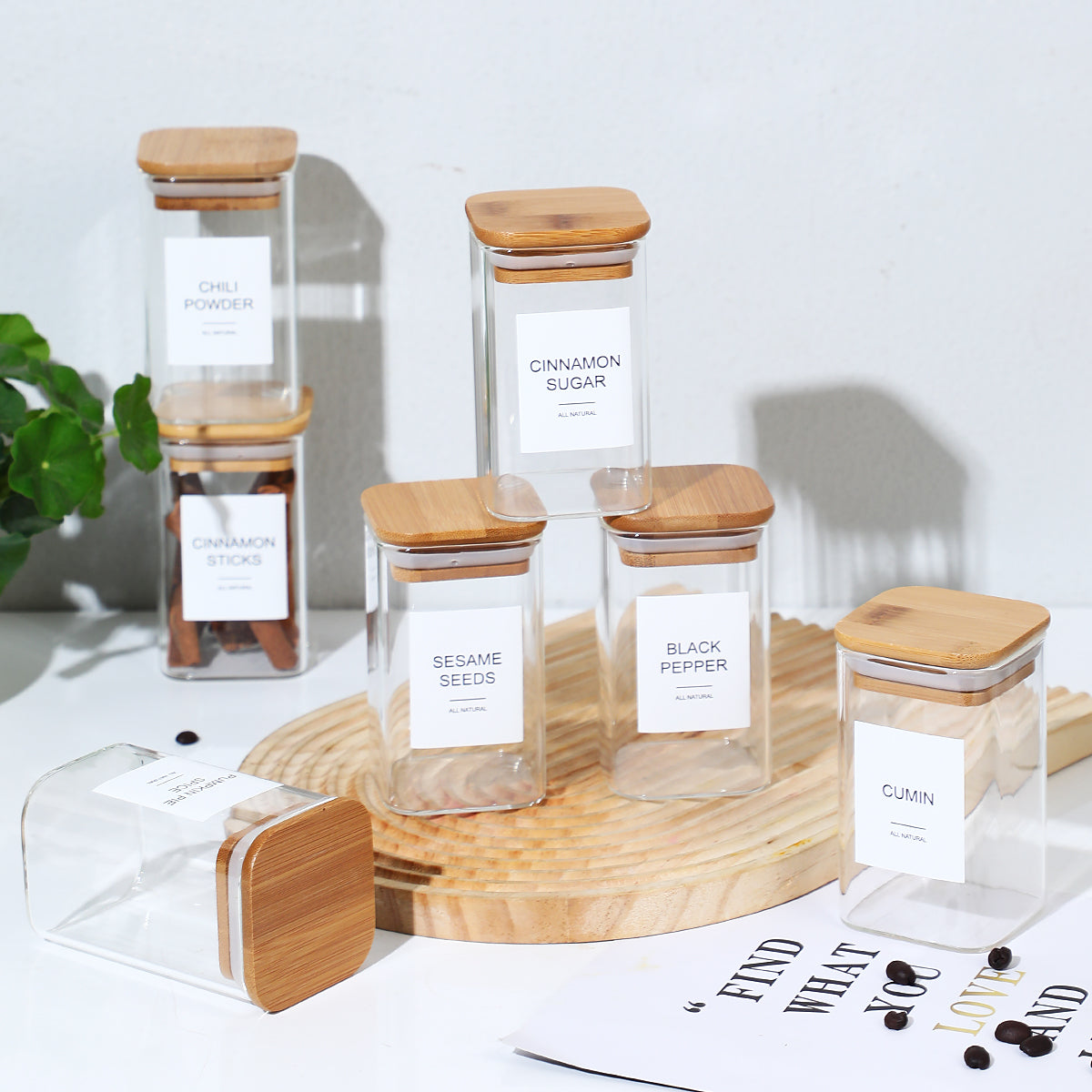 Pefelife 8oz Glass Jars Set with Minimalist Spice Labels