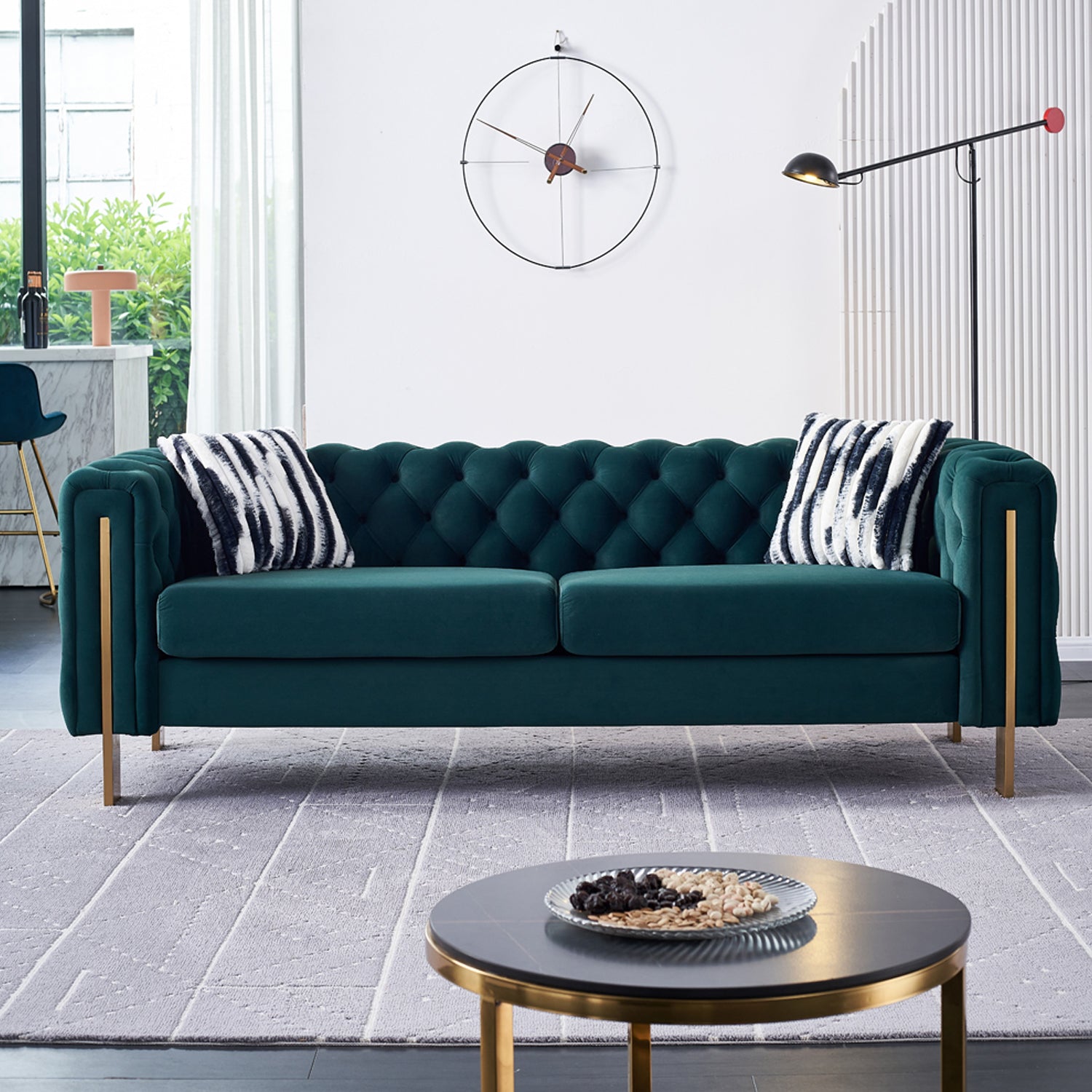 Pefelife Modern Button Tufted Velvet Sofa, Chesterfield Sofa with Square Arm