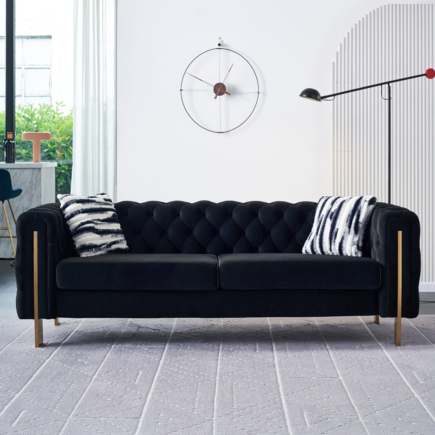 Pefelife Modern Button Tufted Velvet Sofa, Chesterfield Sofa with Square Arm